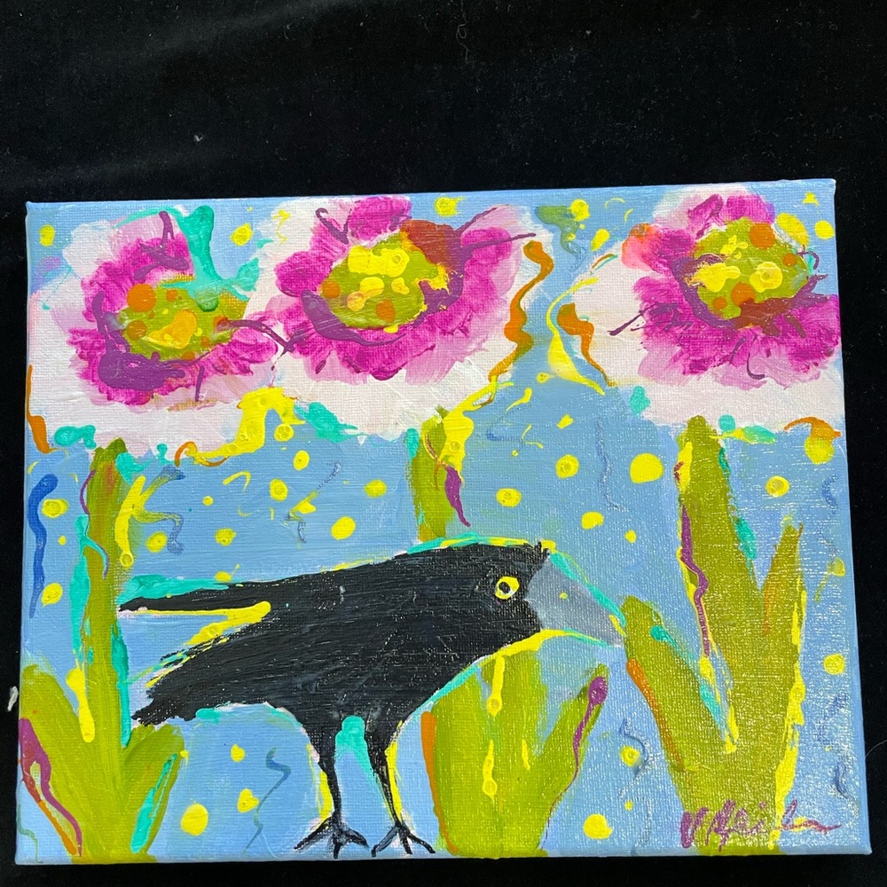 Crow With Flowers An Acrylic  Original Painting 8”x10”On Stretched Canvas